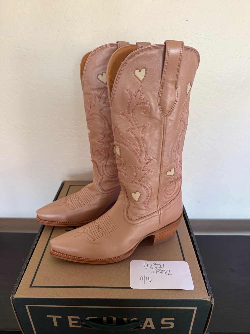 Tecovas Rose Gold Goat Leather Western Boots with Heart Appliqués